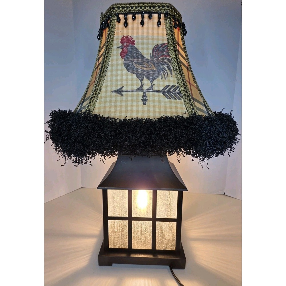 Farmhouse Rooster Lantern Table Lamp Black Metal Seeded Glass Rustic Country